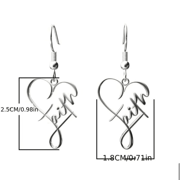 Faith Earrings: Stainless Steel Silver Plated ♾️ Heart Shaped Dangle Earrings - Picture 3 of 3